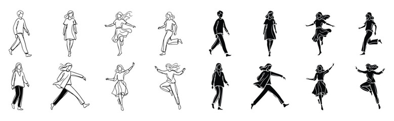 Collection of black and white line art figures of people walking running and dancing hand drawing illustration