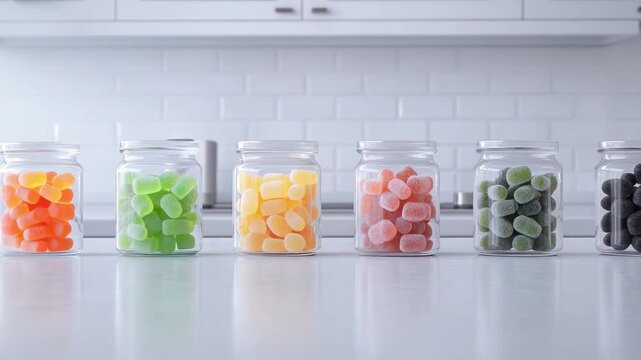 Colorful jars of candy arranged in a neat row on a bright kitchen countertop with a minimalist background 4k video footage