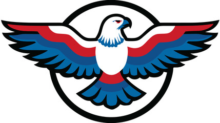 Red, white, blue eagle with outstretched wings inside thick black circle