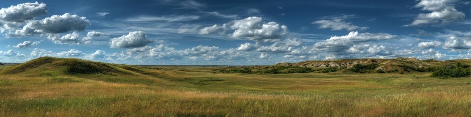 Fototapeta premium Hdr panorama of serene nature landscape under dramatic clouds