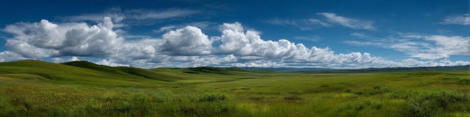 Obraz premium Panoramic hdr view of lush green landscape under blue sky