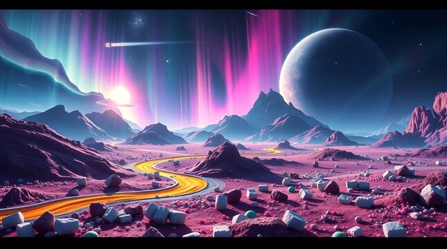 A distant planet covered in rainbow candy landscapes &mdash; caramel rivers, rock candy mountains, and chocolate meteor showers. Alien creatures made of marshmallows explore glowing fields of sugar dust und