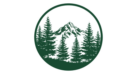 Mountain peaks and evergreen trees framed by a circle