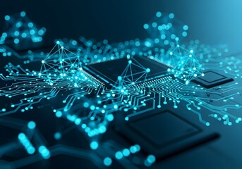 Futuristic network circuitry with glowing blue and cyan connections on a dark tech background, clean digital style in ultra-detailed 8K high-resolution design.