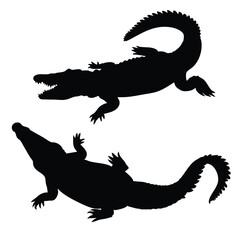 Crocodile and Alligator Silhouettes Set. Isolated Vector of Reptile with Open Mouth and Top View for Wildlife.