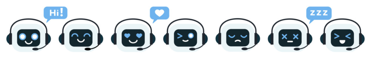 Set of 7 cute chatbot faces showing various emotions. AI assistant with a headset, expressing happiness, love, wink, sadness, sleepiness, neutral and joy. Perfect for UI UX design, customer service