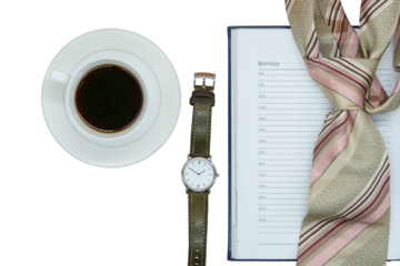 open diary, necktie, watch, coffee cup, businessman's set, business picture, background, business style