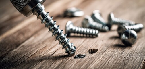 The Screw Close-Up On Rustic Wooden Surface With Scattered Metal Screws