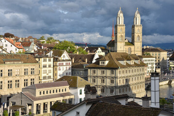Cityscape with Traditional Houses and Clocktowers in Zurich, Switzerland