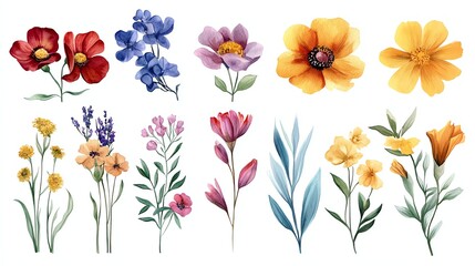 Floral set with colorful flowers in herbarium style Watercolor collection dry flowers isolated on white background, hand painting image, print for poster, banner or cards