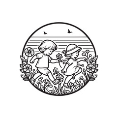 Vector illustration of two little children playing happily in a flower garden, drawn in a cute and warm sketch style.