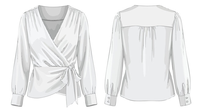 Elegant wrap blouse illustration showcasing front and back views with a subtle sketched style and long sleeves drawing design pattern