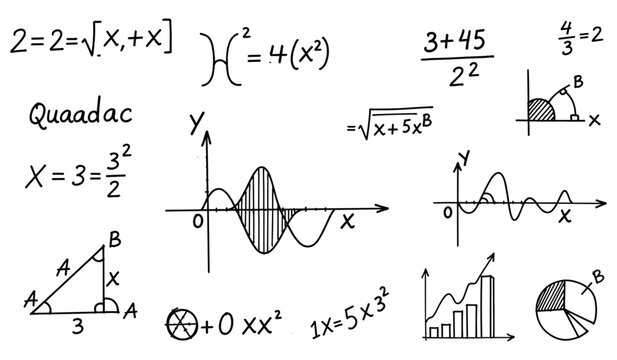 Hand drawn mathematical equations graphs and geometric shapes on white background mathematics formula