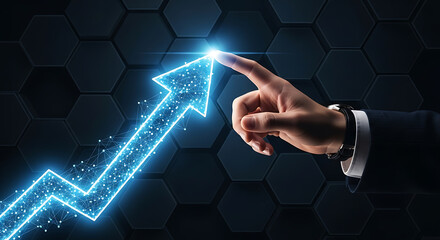 Hand touching a blue polygonal upward arrow on a dark background with hexagonal pattern, representing growth or success.