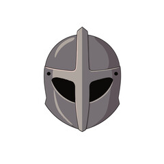 In a modern illustration, a cartoon battle knight helmet is shown as a sign of a warrior participating in a tournament, wearing gothic plate and chainmail helm