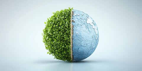 A half-green, half-blue globe symbolizes the balance between nature and the environment.