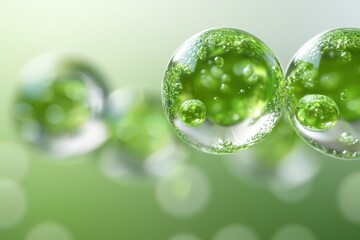 Abstract image of green bubbles floating against a soft gradient background, evoking freshness and tranquility.