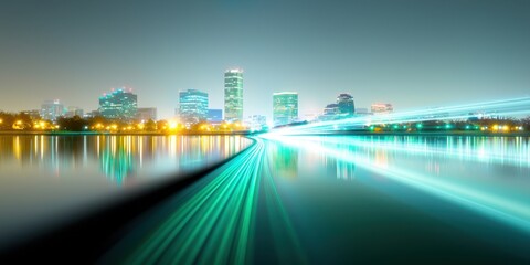 A vibrant city skyline at night, reflecting on water with colorful lights and dynamic light trails, creating a modern and energetic atmosphere.