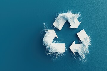 A vibrant recycling symbol made of white arrows, surrounded by splashes of water, highlighting the importance of sustainability and eco-friendliness.