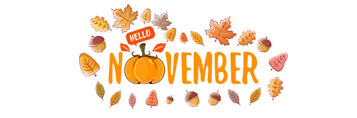 Hello November text with pumpkin and autumn leaves isolated on transparent background. Hello November lettering sticker png, label png, banner, quote, poster design template