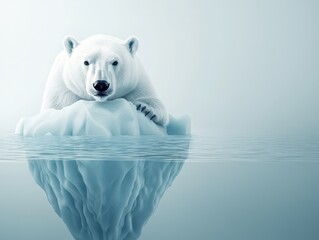A polar bear resting on an ice floe reflects in the calm waters, showcasing the stark beauty of its Arctic environment.