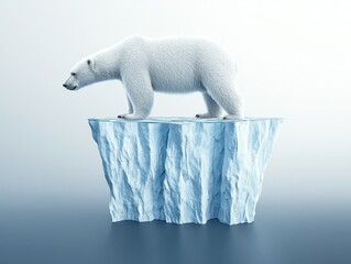 A polar bear stands on an iceberg, symbolizing climate change and the impact on wildlife in a minimalistic, serene environment.
