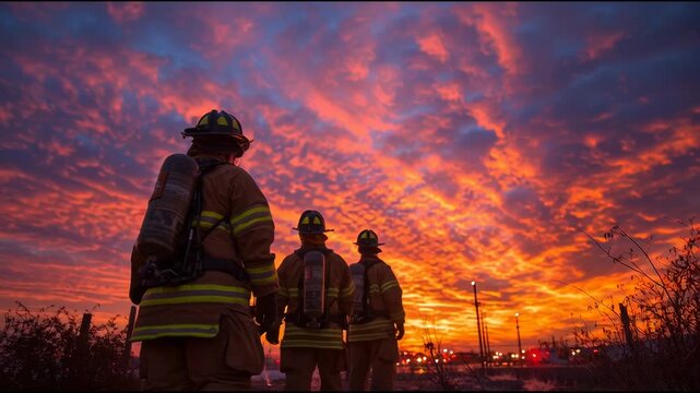 Firefighters in Protective Gear Standing Against Dramatic Sunset Sky with Fiery Clouds