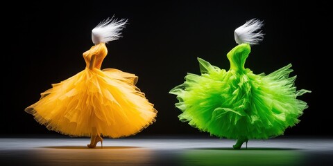 Two dancers in vibrant yellow and green dresses twirl gracefully against a dark backdrop, showcasing dynamic movement and striking colors.