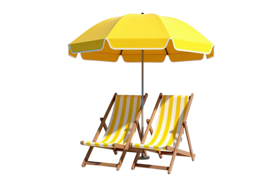 Two yellow striped beach chairs and sun umbrella for summer vacation, 3D render isolated on transparent background