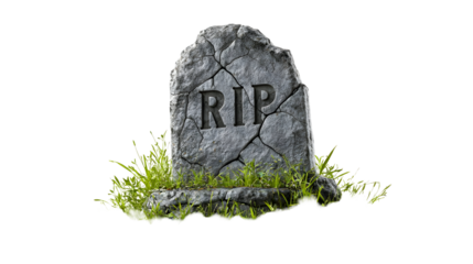 Ancient cracked tombstone with rip carved surrounded by grass