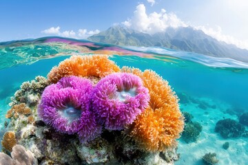 A vibrant underwater scene showcasing colorful coral reefs beneath a clear blue ocean, with mountains visible in the background.