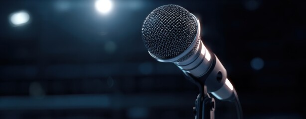 The Microphone on a Lit Stage Ready for Live Performance or Studio Recording