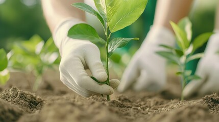 A close-up of hands in gloves planting a small green seedling into rich soil, symbolizing growth and care for nature.