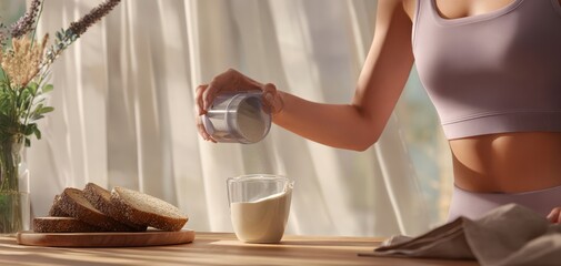 The milk being poured into a glass by a fit woman during morning breakfast