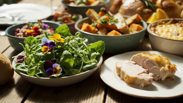 Festive holiday meal with roast chicken, rolls, and sides on table