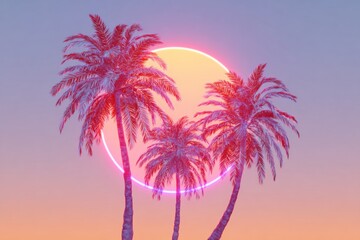 Obraz premium neon outline of palm trees against pastel gradient sunset, surreal resort poster style