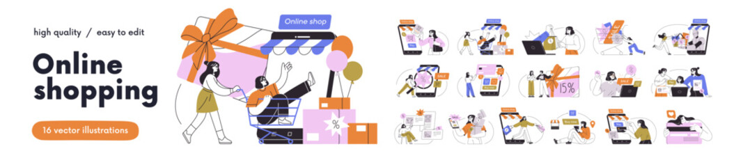 Online shopping, internet shops, digital e-commerce set. Customers paying and buying via mobile phone app, website. Virtual store sales, gifts. Flat vector illustration isolated on white background