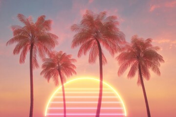 Naklejka premium neon outline of palm trees against pastel gradient sunset, surreal resort poster style
