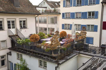 A Rooftop Terrace between Traditional Houses at Lindenhof Lookout Point in Zurich, Switzerland