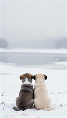 Two puppies sitting together in the snow over a frozen winter lake during snowfall.