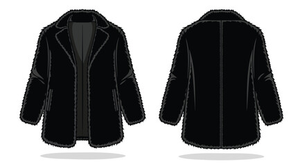 Elegant black faux fur coat showcasing the front and back design isolated on a white background