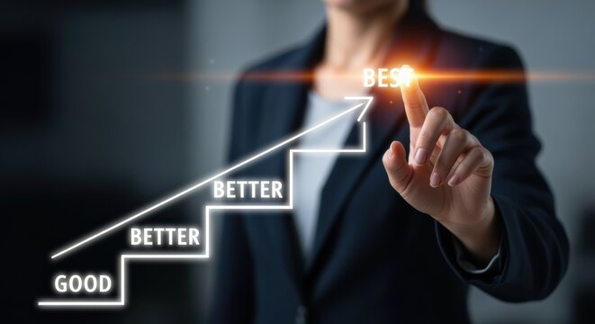 Businesswoman illustrating the growth ladder from good to best with progressive success steps concept.