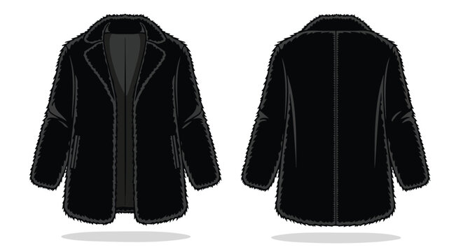 Elegant black faux fur coat showcasing the front and back design isolated on a white background