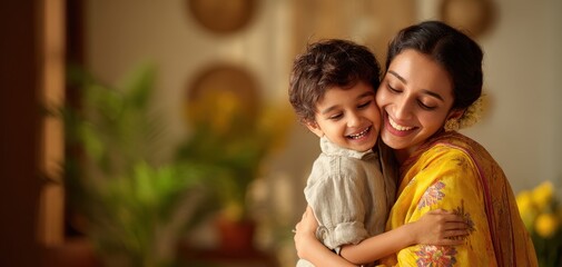 The mother and child sharing a warm joyful hug in cozy home interior
