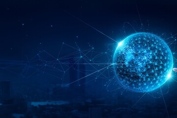 Obraz premium A mesmerizing digital sphere pulsates with intricate connections, symbolizing the interconnectedness of global networks and the boundless potential of technological innovation in the modern era