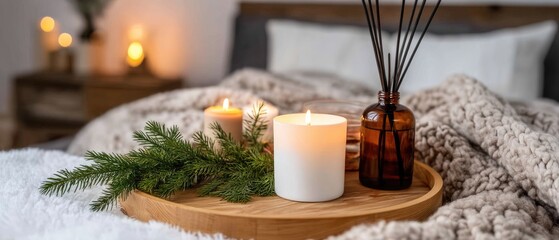 Cozy indoor scene featuring candles and greenery on a wooden tray in a relaxed bedroom setting illuminated by soft lights