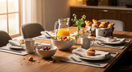 Elegant Table setting for Breakfast: A tastefully arranged breakfast table welcomes the morning, laden with fresh fruits, pastries, and orange juice, bathed in the soft glow of natural light.