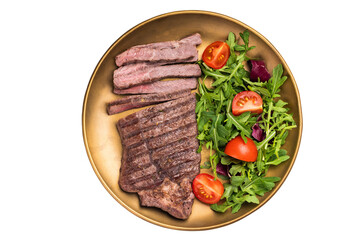 Roast dry aged Top Sirloin beef steak on plate with salad isolated on white background