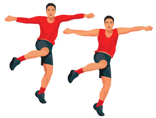 Two figures of an Indonesian man in front, who jumps over an obstacle during a steeplechase in a red seasonal uniform