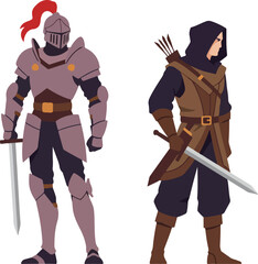 Obraz premium Medieval knight in armor and an archer with arrows, suitable for historical and fantasythemed designs. Royal warriors in action stance.